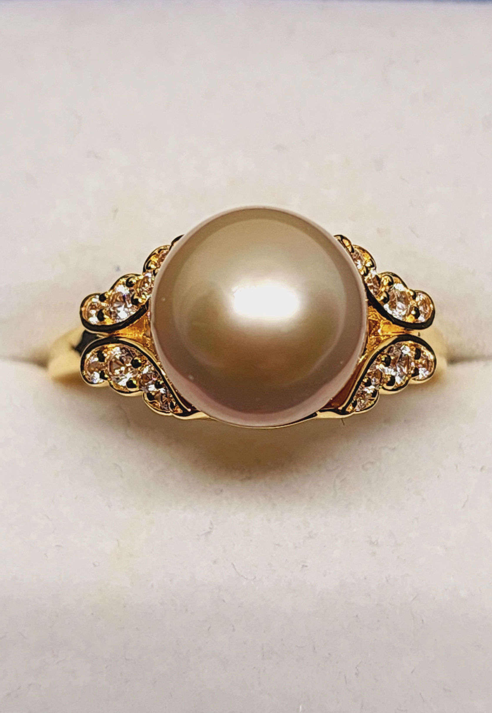 South Sea Golden Pearl & White Zircon ring in 18K YG over 925SS .50ct size 9