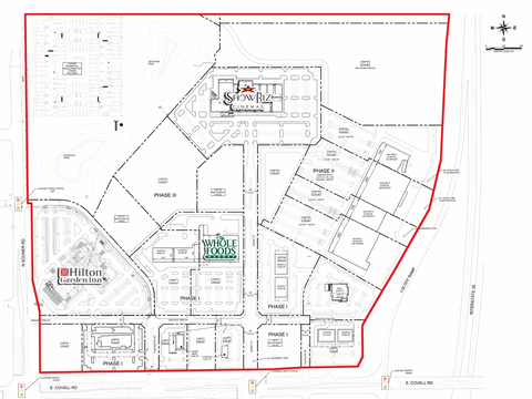 A map showing a planned development of residential and commercial properties