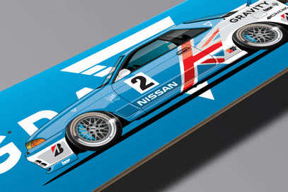 Gravity Show Nissan Skyline R32 illustration on the bottom of a skateboard deck