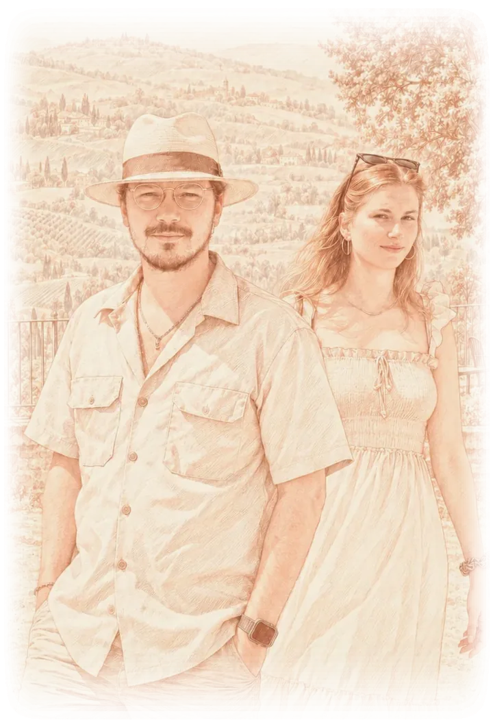 Getekend portret van broer en zus, Dickie en Sijtie, met de heuvels van Piemonte op de achtergrond