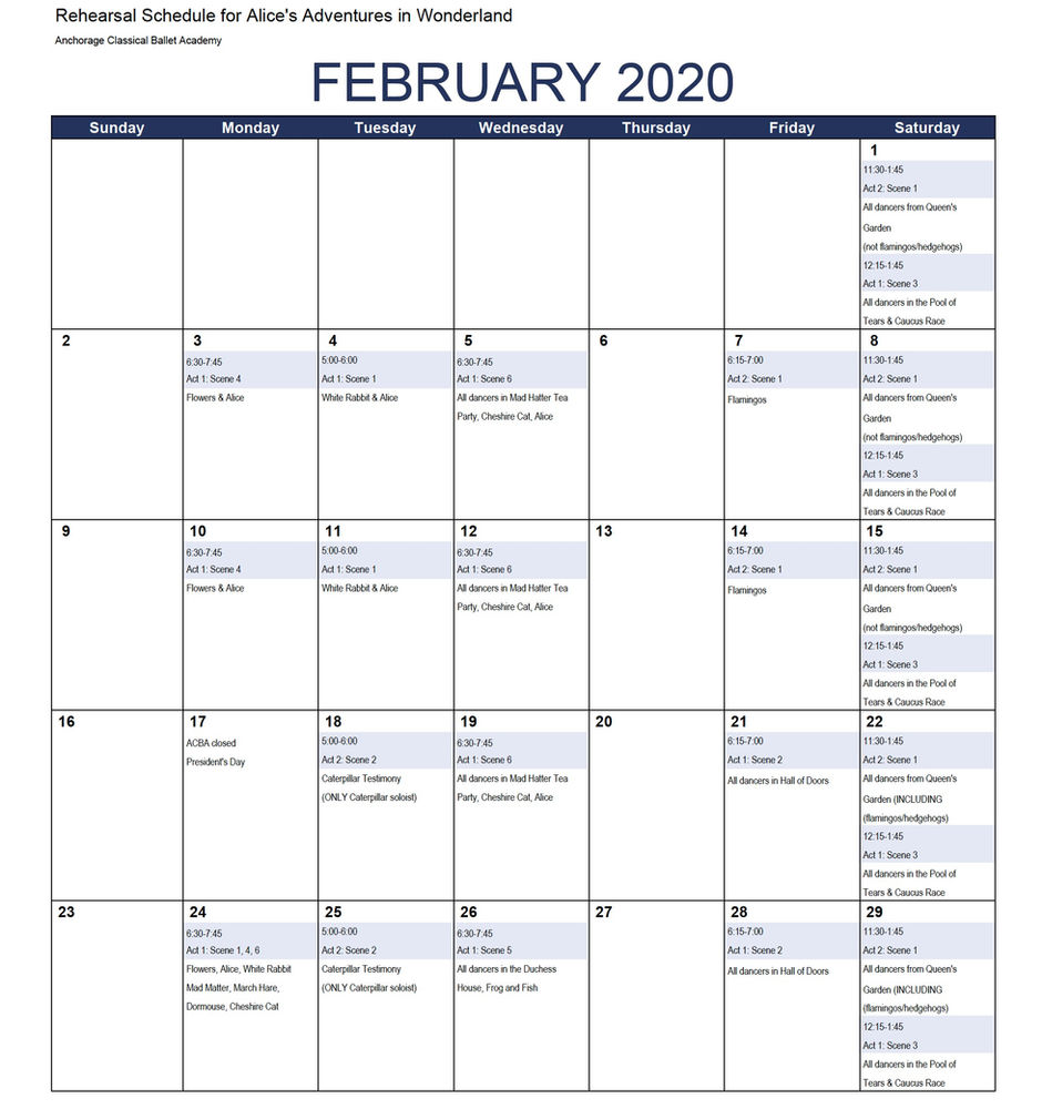 Alice's Adventures in Wonderland February Rehearsal Schedule