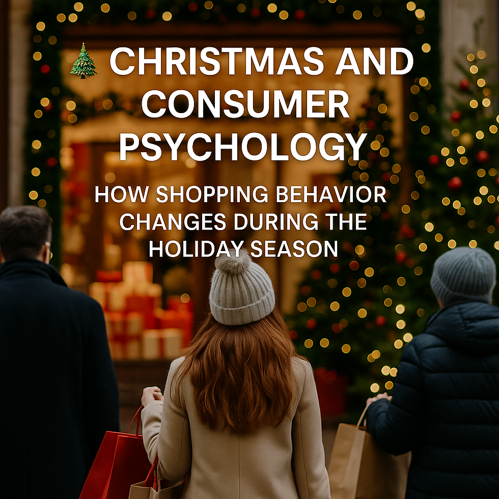 Shoppers walking in front of a brightly decorated Christmas storefront with twinkling lights, festive trees, and wrapped gift boxes, illustrating the impact of the holiday season on consumer behavior.