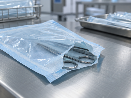 Damaged sterile instrument pouch with reusable surgical instruments on a stainless steel reprocessing bench.