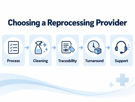 Simple flowchart showing key factors when choosing an instrument reprocessing provider: process, cleaning, traceability, turnaround and support.