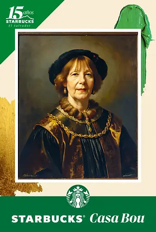 Woman in historical portrait, Starbucks 15 years Casa Bon