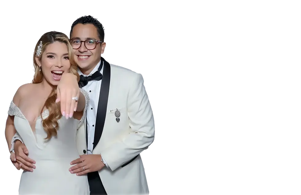 Smiling couple, woman shows wedding ring