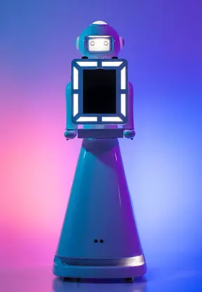Modern light blue robot with screens on body, pink and blue light