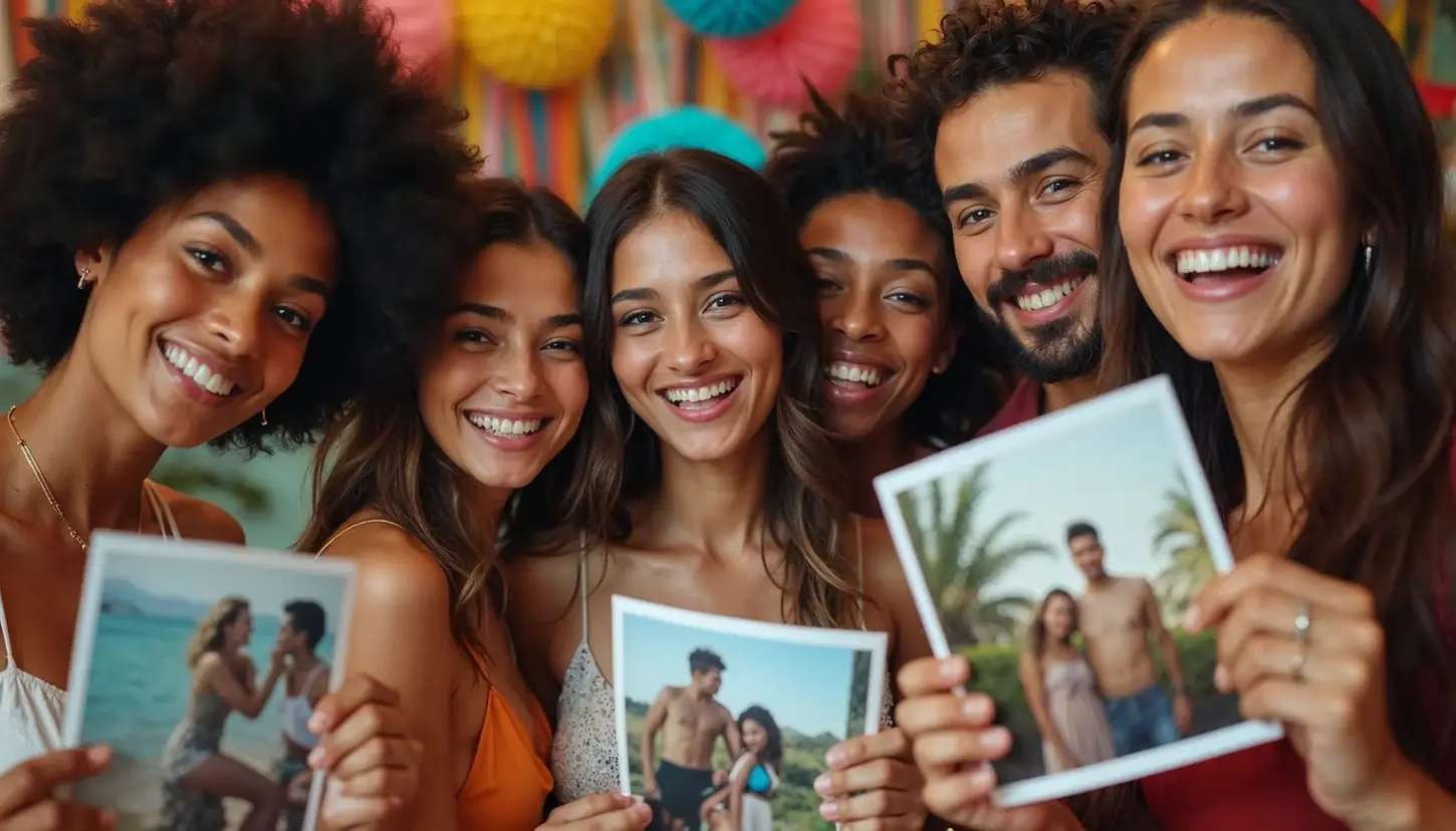 Grupo de amigos sonriendo mostrando fotos de vacaciones.