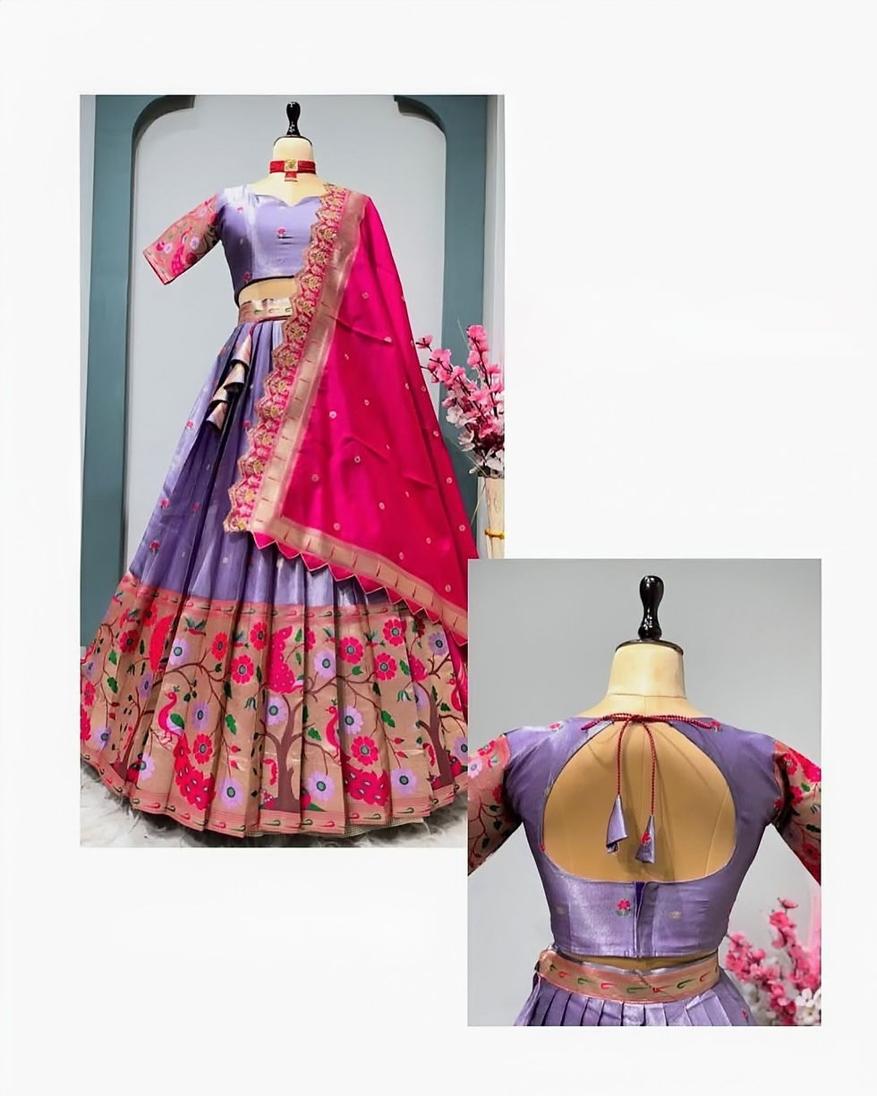 Thumbnail: Readymade Paithani Lehenga Choli - Lavender and Pink - Size L