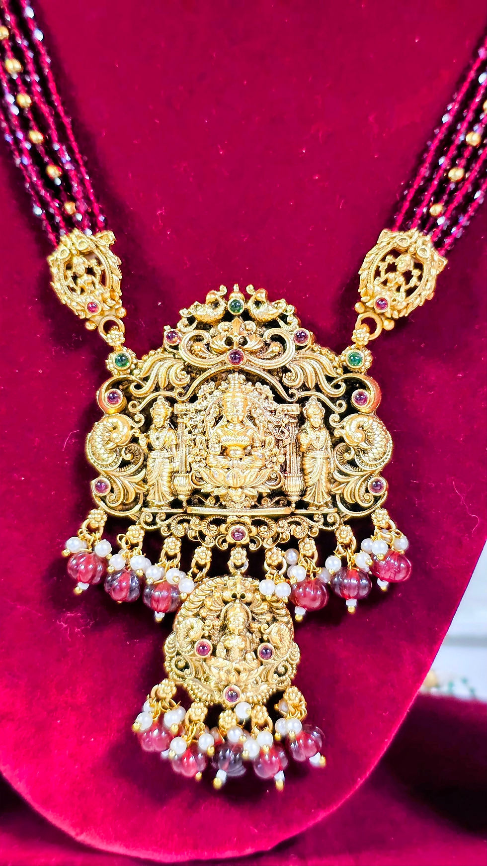 Thumbnail: Temple jewelry long chain with red beads and earrings