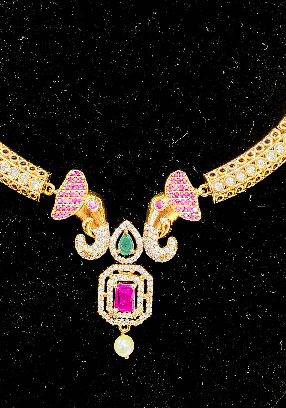 Thumbnail: Short necklace (elephant design) with pink and green stones + earrings