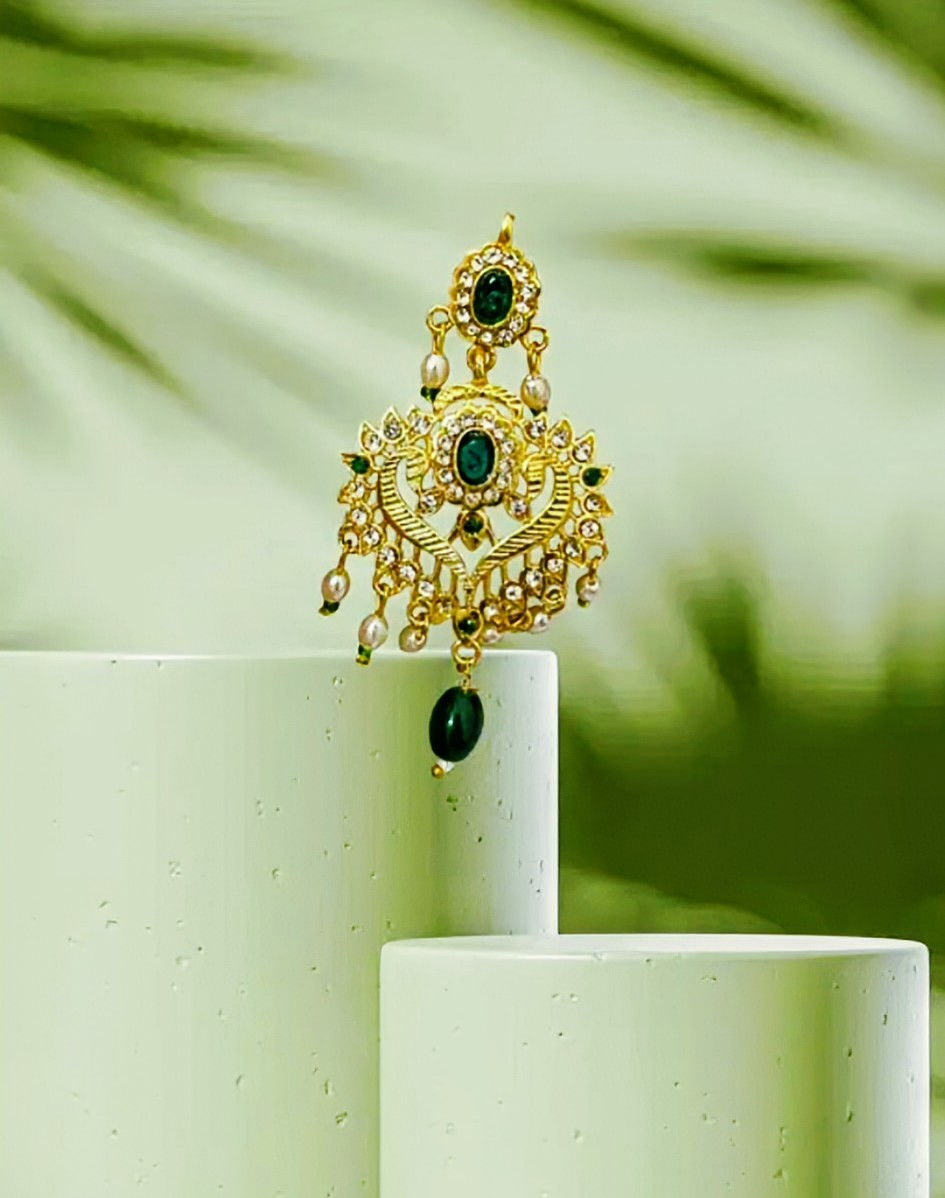 Thumbnail: Green and white zirconia stone earrings with faux pearl drops