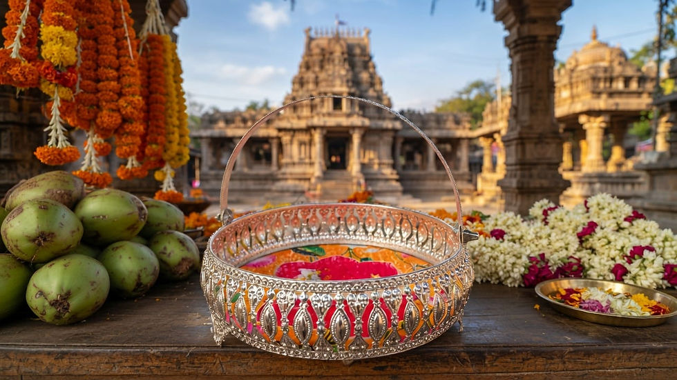 Thumbnail: Yellow pichwai round pooja/flower basket