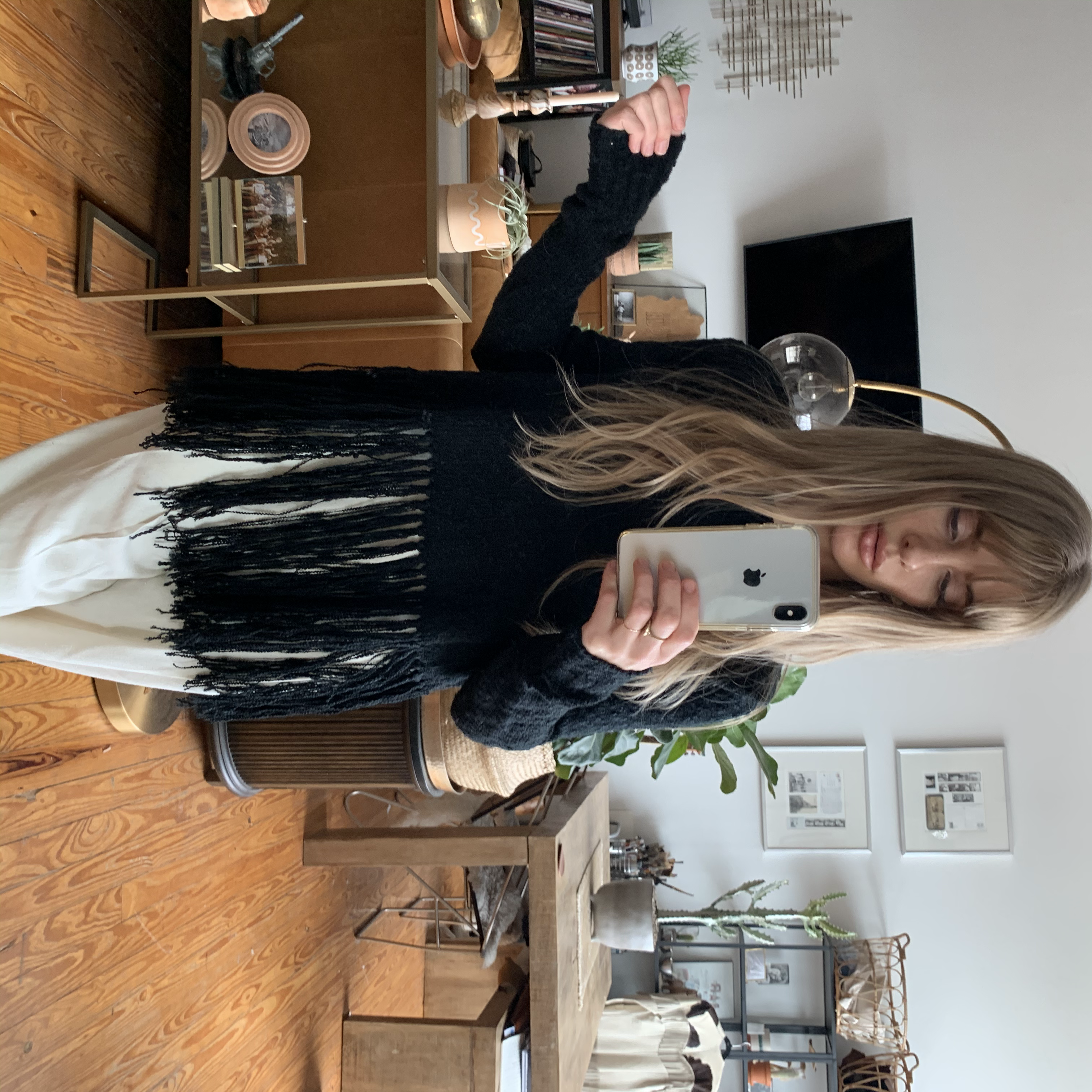 wrap back fringe black sweater