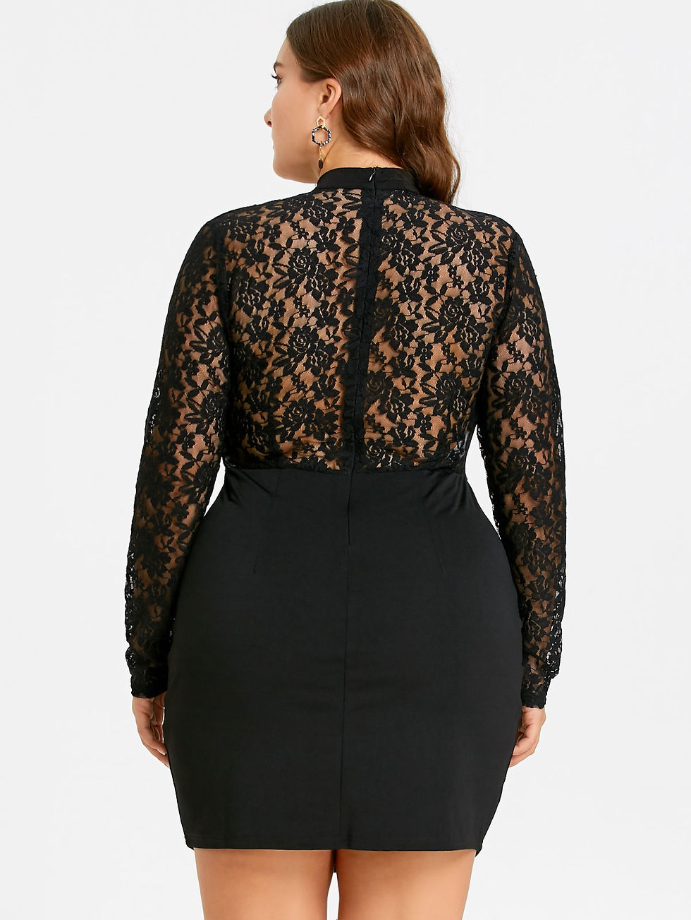 Miniatura: Vestido negro Plus Size, gran escote y mangas y espalda de encaje con transparen