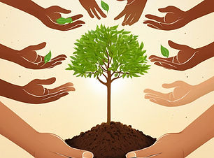 many hands holding tree sapling in dirt with sun, wind and rain surrounding it.jpg