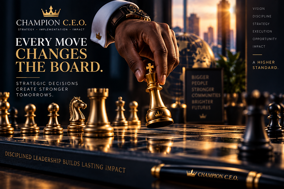 Champion C.E.O. branded image of a hand moving a gold chess king on a chessboard, representing strategy, leadership, and the impact of every decision.