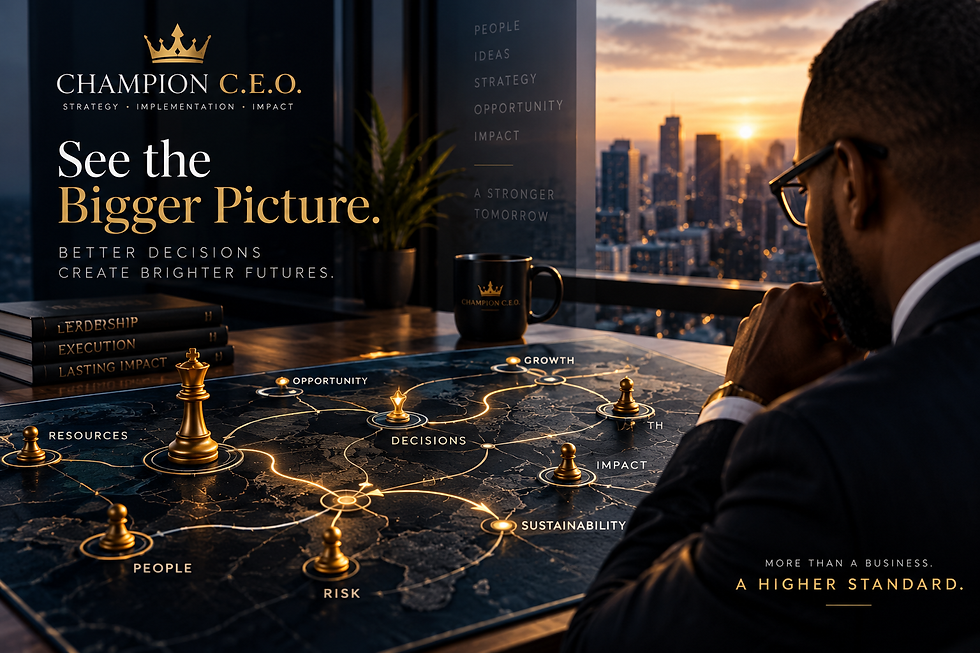 Champion C.E.O. branded image of a business leader studying a strategic map with chess pieces, pathways, resources, opportunities, risk, growth, and impact.