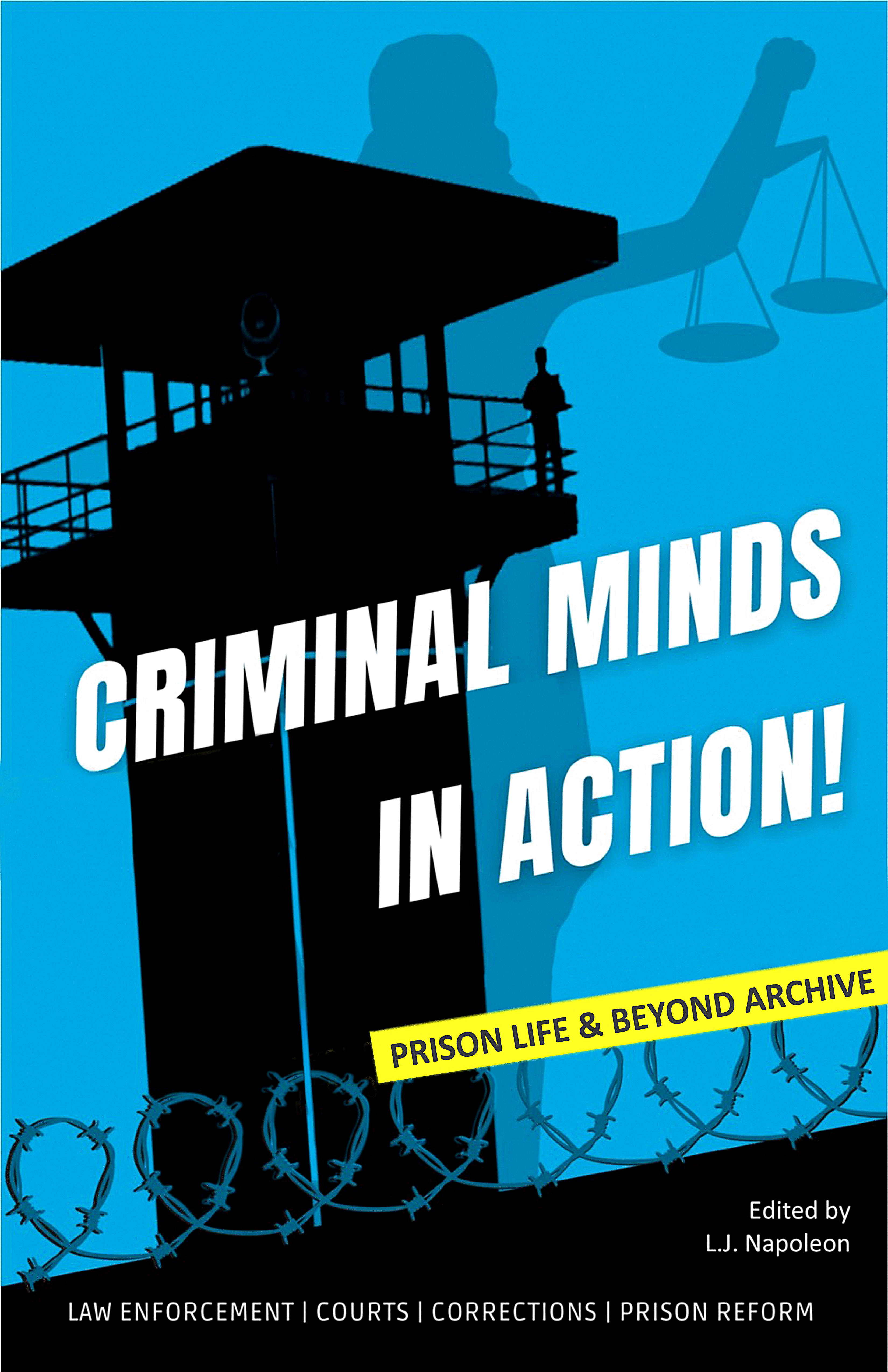 A book cover with prison walls, wire, and gun tower.