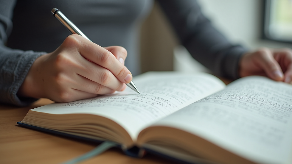 Close-up view of an open journal with a pen resting on handwritten notes