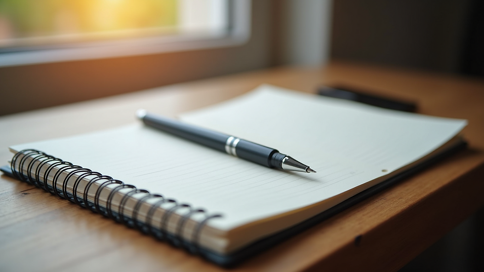 Close-up view of a notebook and pen on a wooden table, symbolising journaling as a coping tool