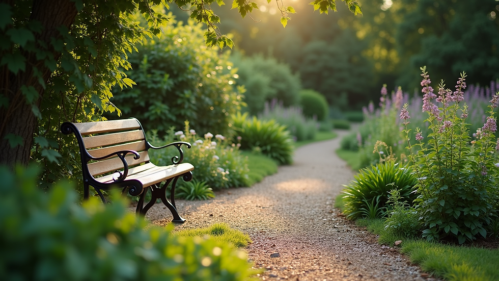 High angle view of a peaceful garden bench surrounded by greenery, inviting rest and reflection