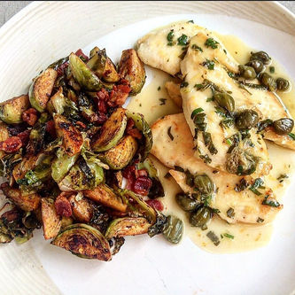Chicken Piccata and Sautéed Brussels Sprouts with Bacon