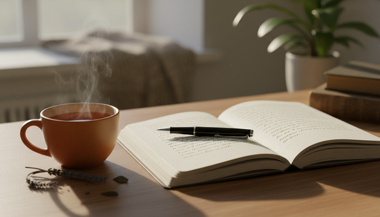 Close-up view of an open journal beside a warm cup of tea near a window.