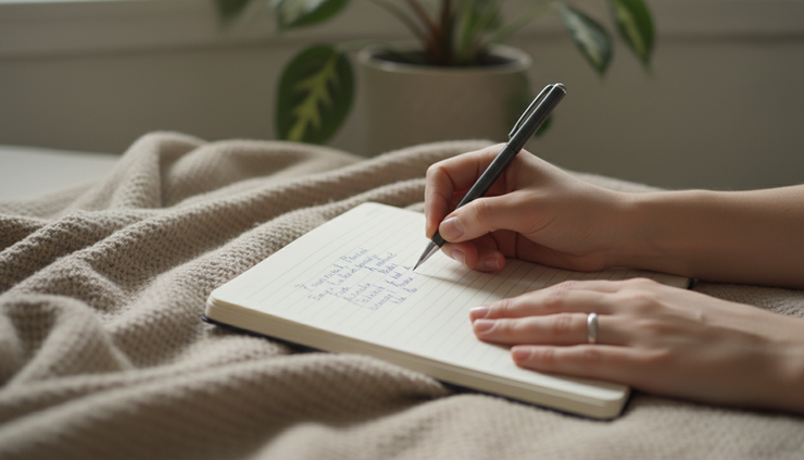 Eye-level view of a person writing slowly in a journal on a soft blanket.