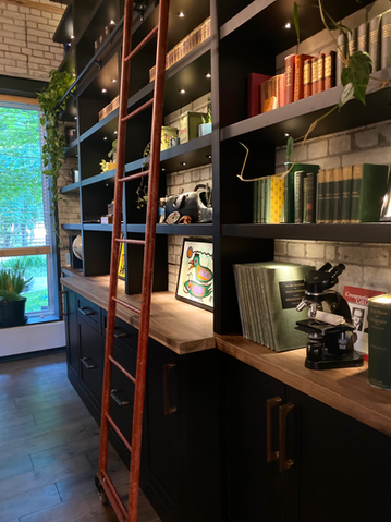 Black library, custom renovations in Ottawa, black home library, large library with sliding ladder