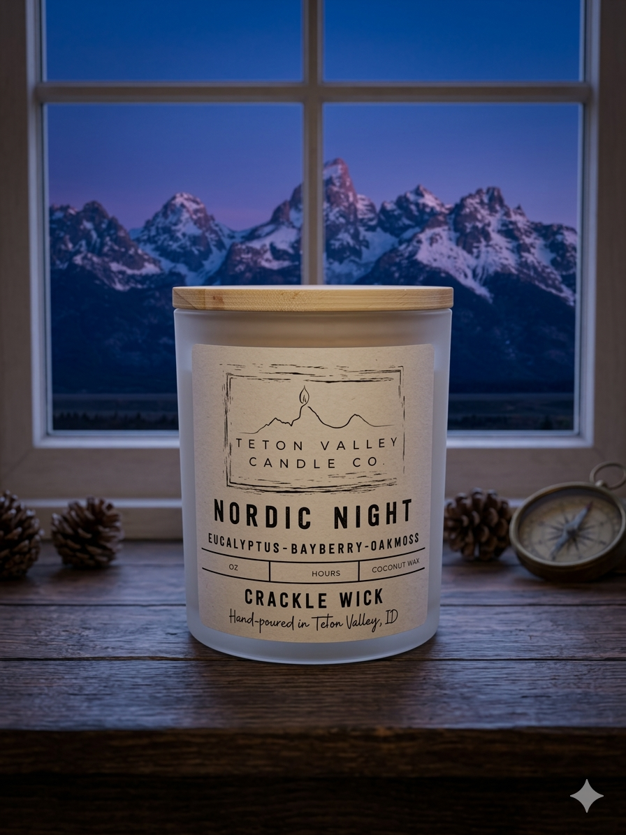 Nordic Night candle in front of moonlit Teton Mountains backdrop.