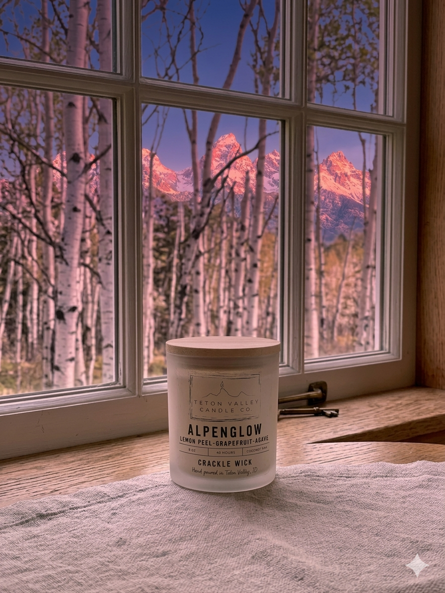 Alpen Glow candle displayed with a soft purple glow in the background