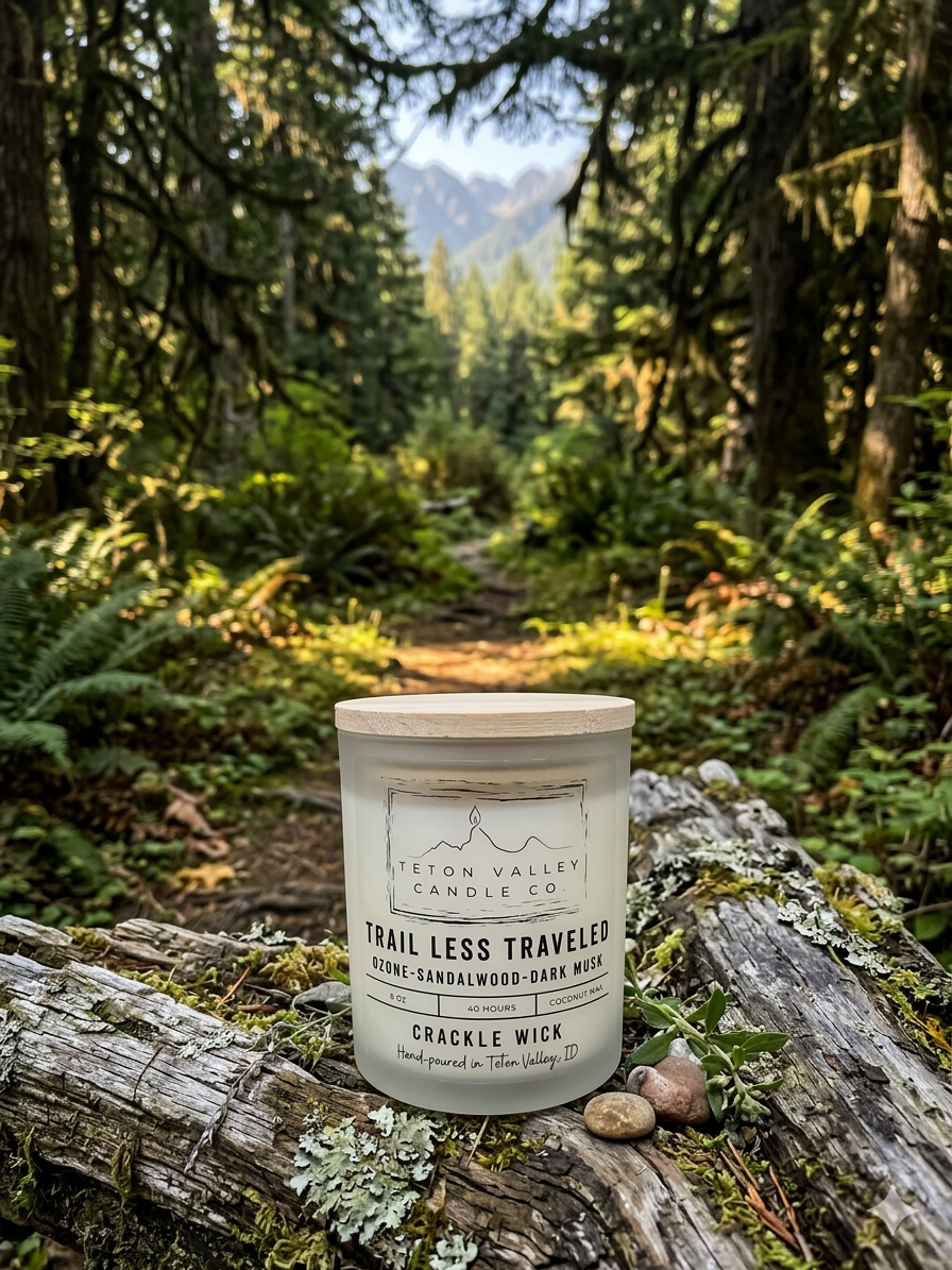 Trail Less Traveled candle on a fallen tree in the forest