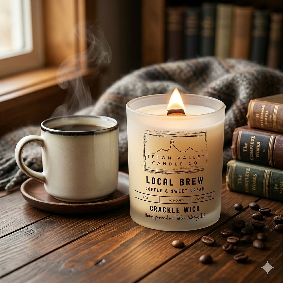 Local Brew Candle on a table with coffee beans