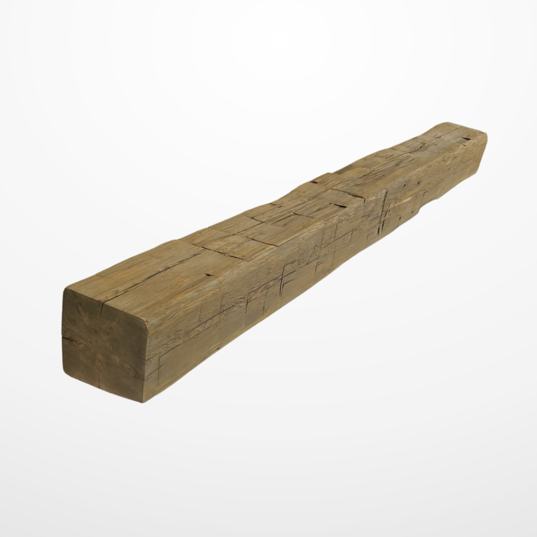 Hand hewn mantel made from reclaimed wood, showcasing rustic charm and natural texture. Crafted from authentic reclaimed wood