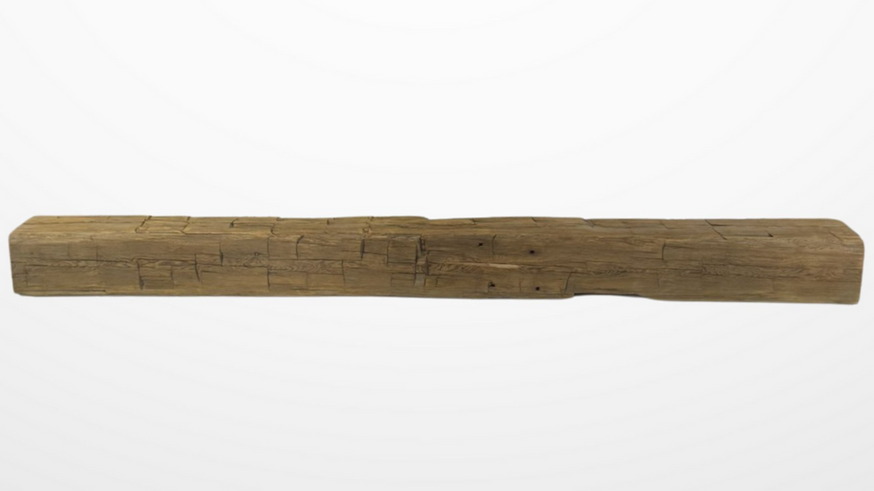 Hand hewn mantel made from reclaimed wood, showcasing rustic charm and natural texture. Crafted from authentic reclaimed wood