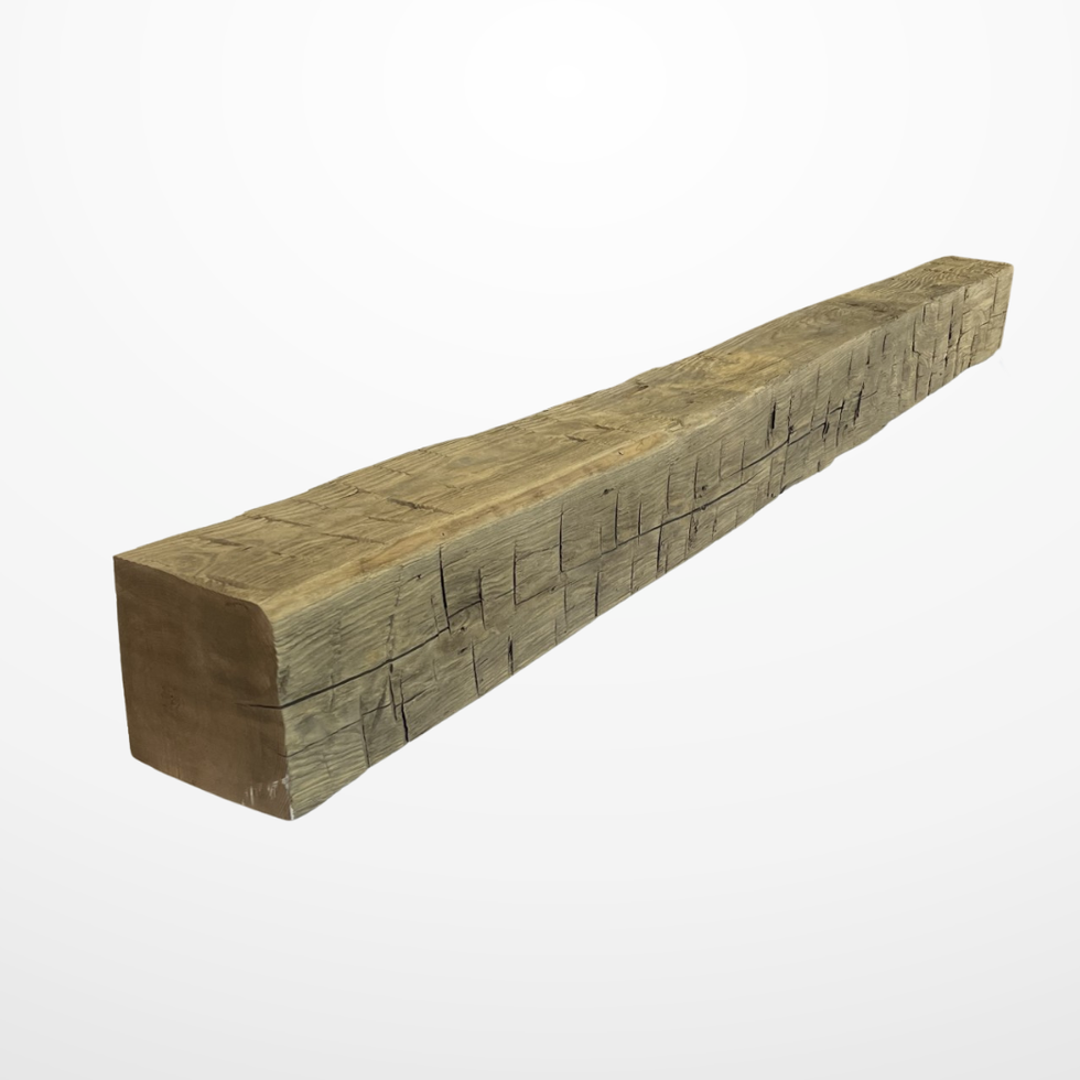 Hand hewn mantel made from reclaimed wood, showcasing rustic charm and natural texture. Crafted from authentic reclaimed wood