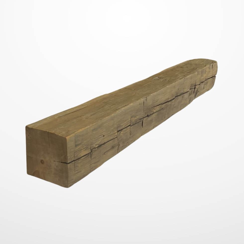 Hand hewn mantel made from reclaimed wood, showcasing rustic charm and natural texture. Crafted from authentic reclaimed wood