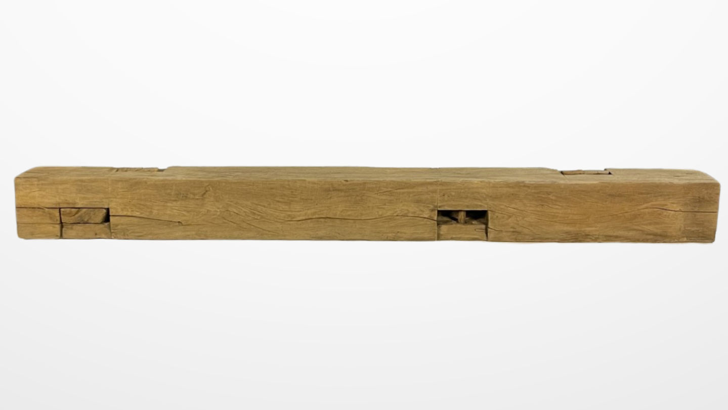 Weathered Antique wire-brushed mantel with rich brown to grayish-brown tones, showcasing natural reclaimed wood texture and h