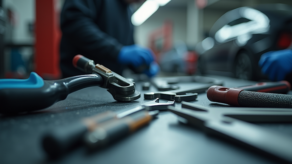 Eye-level view of professional car detailing tools arranged neatly