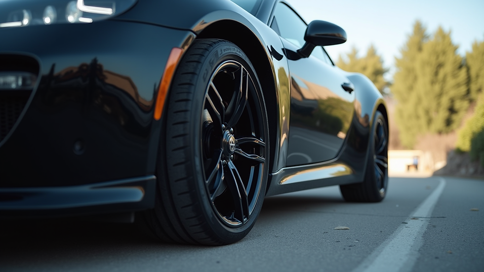 Eye-level view of a shiny black car with polished paint and clean wheels