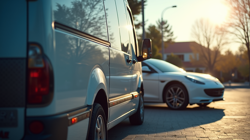 Eye-level view of a mobile detailing van parked beside a luxury car
