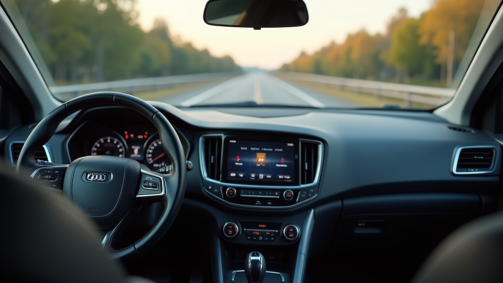 Eye-level view of a clean car interior dashboard and steering wheel