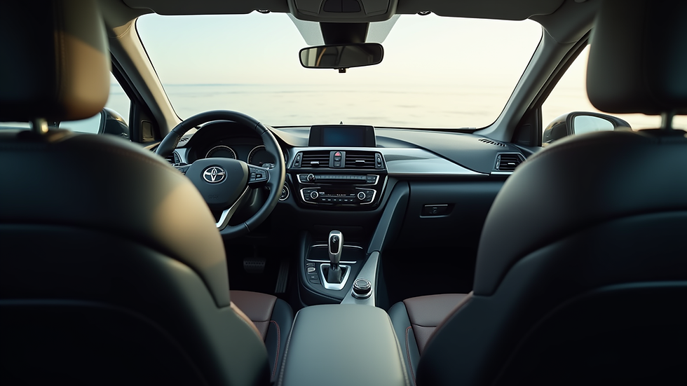 Eye-level view of a clean car interior dashboard and seats