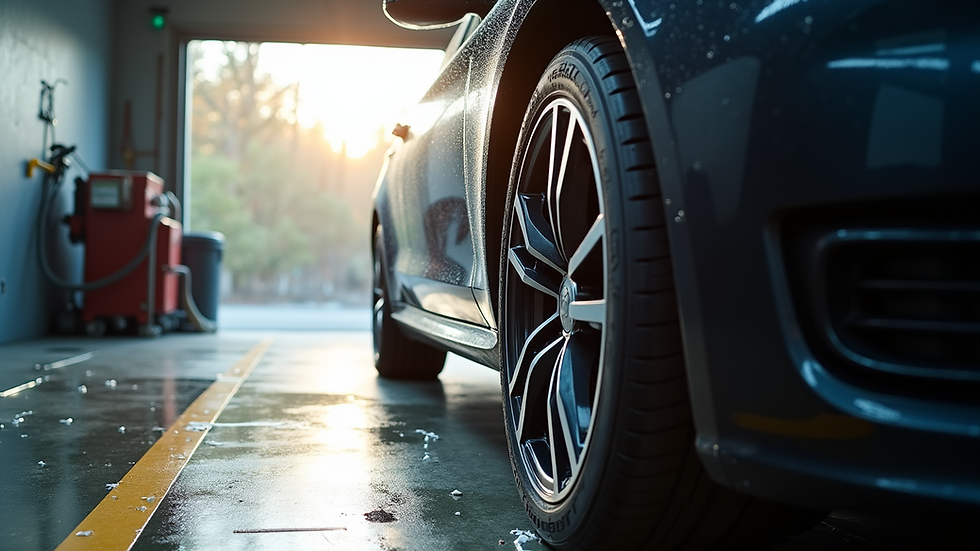 Eye-level view of a car being waxed in a shaded garage