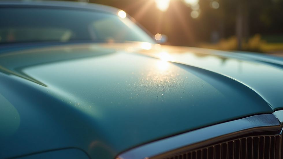 Close-up view of a shiny car hood reflecting sunlight