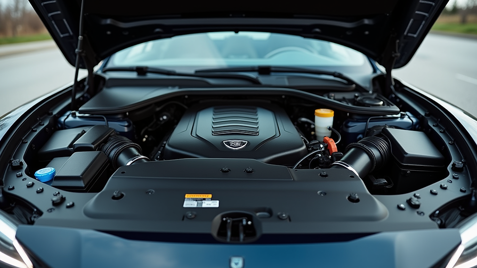 eye-level view of car engine with open hood