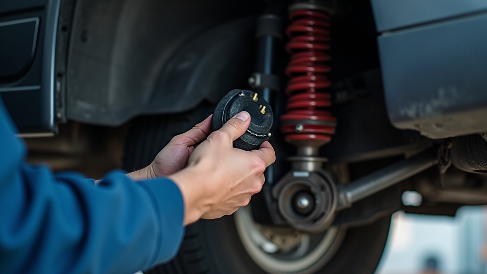 Close-up view of a mechanic checking car suspension components