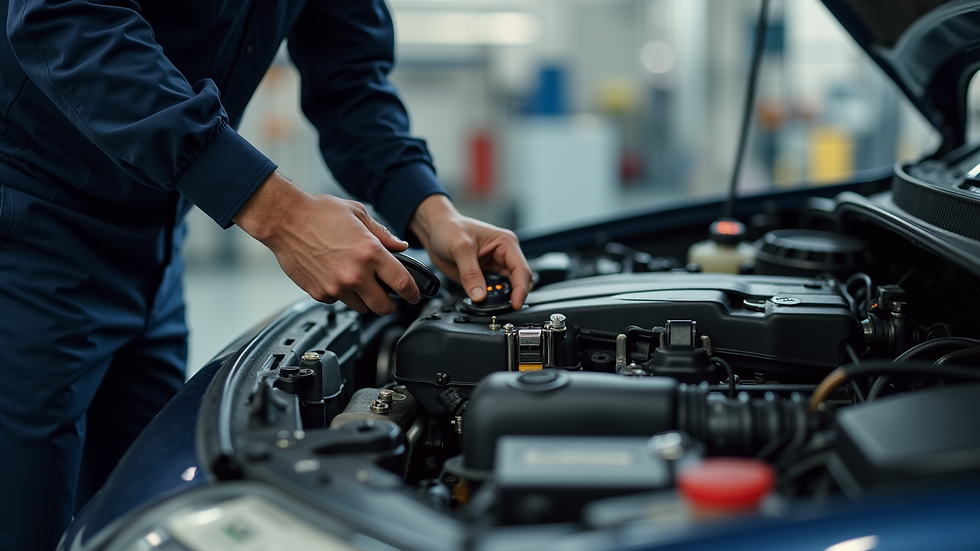 Close-up view of a mechanic using diagnostic tools on a car engine