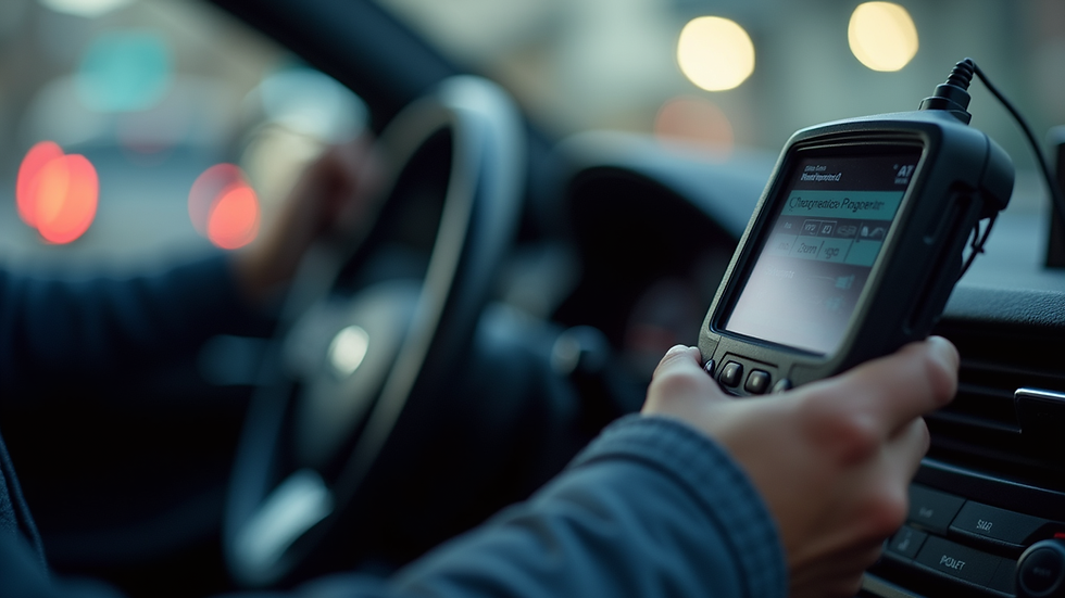 Close-up view of car diagnostic scanner connected to vehicle